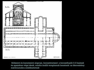 földszinti és karzatszinti alaprajz, keresztmetszet: a kereszthajók 3-3 hajósak és apszisban végződnek, mintha önálló templomok lennének: az ókeresztény mártíriumokra emlékeztetnek 