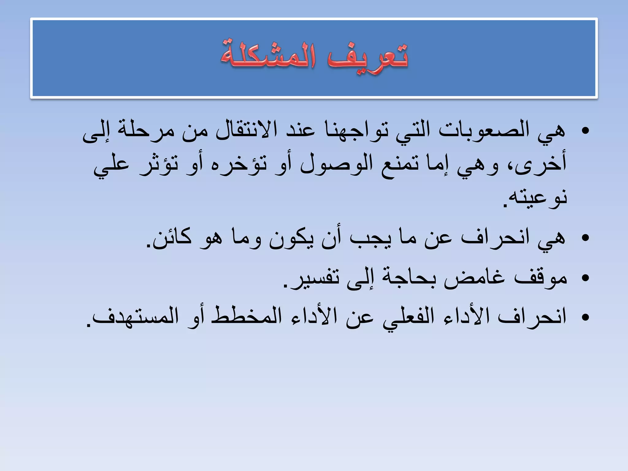 •‫ﺇﻟﻰ‬ ‫ﻣﺭﺣﻠﺔ‬ ‫ﻣﻥ‬ ‫ﺍﻻﻧﺗﻘﺎﻝ‬ ‫ﻋﻧﺩ‬ ‫ﺗﻭﺍﺟﻬﻧﺎ‬ ‫ﺍﻟﺗﻲ‬ ‫ﺍﻟﺻﻌﻭﺑﺎﺕ‬ ‫ﻫﻲ‬
‫ﻋﻠﻲ‬ ‫ﺗﺅﺛﺭ‬ ‫ﺃﻭ‬ ‫ﺗﺅﺧﺭﻩ‬ ‫ﺃﻭ‬ ‫ﺍﻟﻭﺻﻭﻝ‬ ‫ﺗﻣﻧﻊ‬ ‫ﺇﻣﺎ‬ ‫ﻭﻫﻲ‬ ،‫ﺃﺧﺭﻯ‬
‫ﻧﻭﻋﻳﺗﻪ‬.
•‫ﻛﺎﺋﻥ‬ ‫ﻫﻭ‬ ‫ﻭﻣﺎ‬ ‫ﻳﻛﻭﻥ‬ ‫ﺃﻥ‬ ‫ﻳﺟﺏ‬ ‫ﻣﺎ‬ ‫ﻋﻥ‬ ‫ﺍﻧﺣﺭﺍﻑ‬ ‫ﻫﻲ‬.
•‫ﺗﻔﺳﻳﺭ‬ ‫ﺇﻟﻰ‬ ‫ﺑﺣﺎﺟﺔ‬ ‫ﻏﺎﻣﺽ‬ ‫ﻣﻭﻗﻑ‬.
•‫ﺍﻟﻣﺳﺗﻬﺩﻑ‬ ‫ﺃﻭ‬ ‫ﺍﻟﻣﺧﻁﻁ‬ ‫ﺍﻷﺩﺍء‬ ‫ﻋﻥ‬ ‫ﺍﻟﻔﻌﻠﻲ‬ ‫ﺍﻷﺩﺍء‬ ‫ﺍﻧﺣﺭﺍﻑ‬.
 