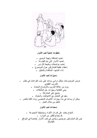 ‫األدوار‬ ‫لعب‬ ‫عملية‬ ‫:خطوات‬
 ‫الوضع‬ ‫وتهيئة‬ ‫المشكلة‬ ‫.تحديد‬
 ‫بتا‬ ‫القيام‬ ‫يتم‬ ‫التي‬ ‫األدوار‬ ‫.تحديد‬
 ‫دور‬ ‫كل‬ ‫وطبيعة‬ ‫مواصفات‬ ‫.تحديد‬
 ‫حول‬ ‫للمشاركين‬ ‫خلفية‬ ‫إعطاء‬‫الموضوع‬ .
 ‫والتحليل‬ ‫المناقشة‬ ،‫المشهد‬ ‫.أداء‬
‫األدوار‬ ‫لعب‬ ‫:مميزات‬
 ‫نظام‬ ‫في‬ ‫الفراغات‬ ‫ملء‬ ‫على‬ ‫يساعد‬ ‫درامي‬ ‫بشكل‬ ‫الموضوعات‬ ‫عرض‬
‫التقليدي‬ ‫.التدريب‬
 ‫المحددة‬ ‫باألوضاع‬ ‫التدريب‬ ‫عالقة‬ ‫من‬ ‫.يزيد‬
 ‫المشكالت‬ ‫حل‬ ‫ومهارات‬ ‫التلقائية‬ ‫.يبني‬
 ‫المشاركة‬ ‫على‬ ‫.يشجع‬
 ‫االتجاه‬ ‫مع‬ ‫التعامل‬ ‫في‬ ‫مفيد‬‫والسلوك‬ ‫ات‬ .
 ‫بالنفس‬ ‫الثقة‬ ‫وبناء‬ ‫الشخصي‬ ‫االتصال‬ ‫مهارات‬ ‫بناء‬ ‫في‬ ‫يساعد‬ ‫أن‬ ‫.يمكن‬
 ‫العمل‬ ‫خالل‬ ‫من‬ ‫.التعلم‬
‫األدوار‬ ‫لعب‬ ‫:محددات‬
 ‫المجموعة‬ ‫وديناميكية‬ ‫األفراد‬ ‫قدرات‬ ‫على‬ ‫يعتمد‬ ‫.النجاح‬
 ‫الموارد‬ ‫من‬ ‫للكثير‬ ‫يحتاج‬ ‫.قد‬
 ‫في‬ ‫(خاصة‬ ‫األدوار‬ ‫لعب‬ ‫في‬ ‫وجادين‬ ‫حريصين‬ ‫المشاركين‬ ‫كل‬ ‫ليس‬‫المواقع‬
)‫.القيادية‬
 