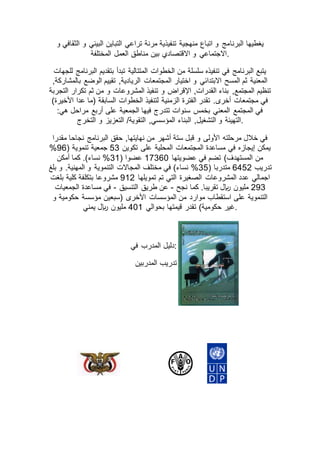 ‫البرنا‬ ‫يغطيها‬‫و‬ ‫الثقافي‬ ‫و‬ ‫البيئي‬ ‫التباين‬ ‫تراعي‬ ‫مرنة‬ ‫تنفيذية‬ ‫منهجية‬ ‫اتباع‬ ‫و‬ ‫مج‬
‫المختلفة‬ ‫العمل‬ ‫مناطق‬ ‫بين‬ ‫االقتصادي‬ ‫و‬ ‫.االجتماعي‬
‫للجهات‬ ‫البرنامج‬ ‫بتقديم‬ ‫تبدأ‬ ‫المتتالية‬ ‫الخطوات‬ ‫من‬ ‫سلسلة‬ ‫تنفيذه‬ ‫في‬ ‫البرنامج‬ ‫يتبع‬
‫الو‬ ‫تقييم‬ ,‫الريادية‬ ‫المجتمعات‬ ‫اختيار‬ ‫و‬ ‫االبتدائي‬ ‫المسح‬ ‫ثم‬ ‫المعنية‬,‫بالمشاركة‬ ‫ضع‬
‫التجربة‬ ‫تكرار‬ ‫ثم‬ ‫من‬ ‫و‬ ‫المشروعات‬ ‫تنفيذ‬ ‫و‬ ‫اإلقراض‬ ,‫القدرات‬ ‫بناء‬ ,‫المجتمع‬ ‫تنظيم‬
)‫األخيرة‬ ‫عدا‬ ‫(ما‬ ‫السابقة‬ ‫الخطوات‬ ‫لتنفيذ‬ ‫الزمنية‬ ‫الفترة‬ ‫تقدر‬ .‫أخرى‬ ‫مجتمعات‬ ‫في‬
:‫هي‬ ‫مراحل‬ ‫أربع‬ ‫على‬ ‫الجمعية‬ ‫فيها‬ ‫تتدرج‬ ‫سنوات‬ ‫بخمس‬ ‫المعني‬ ‫المجتمع‬ ‫في‬
‫ال‬ ,‫التشغيل‬ ‫و‬ ‫التهيئة‬‫التخرج‬ ‫و‬ ‫التعزيز‬ /‫التقوية‬ ,‫المؤسسي‬ ‫بناء‬ .
‫مقدرا‬ ‫نجاحا‬ ‫البرنامج‬ ‫حقق‬ ,‫نهايتها‬ ‫من‬ ‫أشهر‬ ‫ستة‬ ‫قبل‬ ‫و‬ ‫األولى‬ ‫مرحلته‬ ‫خالل‬ ‫في‬
‫تكوين‬ ‫على‬ ‫المحلية‬ ‫المجتمعات‬ ‫مساعدة‬ ‫في‬ ‫إيجازه‬ ‫يمكن‬23( ‫تنموية‬ ‫جمعية‬76%
‫عضويتها‬ ‫في‬ ‫تضم‬ )‫المستهدف‬ ‫من‬24360( ‫عضوا‬32%‫أمكن‬ ‫كما‬ .)‫نساء‬
‫تدريب‬6725( ‫متدربا‬32%‫بلغ‬ ‫و‬ .‫المهنية‬ ‫و‬ ‫التنموية‬ ‫المجاالت‬ ‫مختلف‬ ‫في‬ )‫نساء‬
‫تمويلها‬ ‫تم‬ ‫التي‬ ‫الصغيرة‬ ‫المشروعات‬ ‫عدد‬ ‫اجمالي‬725‫بلغت‬ ‫كلية‬ ‫بتكلفة‬ ‫مشروعا‬
573‫نجح‬ ‫كما‬ .‫تقريبا‬ ‫لاير‬ ‫مليون‬-‫التنسيق‬ ‫طريق‬ ‫عن‬-‫الجمعيات‬ ‫مساعدة‬ ‫في‬
‫(سبع‬ ‫األخرى‬ ‫المؤسسات‬ ‫من‬ ‫موارد‬ ‫استقطاب‬ ‫على‬ ‫التنموية‬‫و‬ ‫حكومية‬ ‫مؤسسة‬ ‫ين‬
‫بحوالي‬ ‫قيمتها‬ ‫تقدر‬ )‫حكومية‬ ‫غير‬702‫يمني‬ ‫لاير‬ ‫مليون‬ .
‫في‬ ‫المدرب‬ ‫:دليل‬
‫المدربين‬ ‫تدريب‬
 