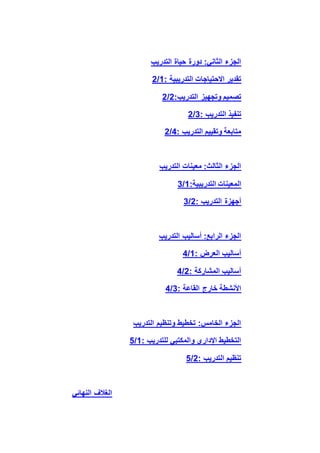 ‫التدريب‬ ‫حياة‬ ‫دورة‬ :‫الثاني‬ ‫الجزء‬
2/1: ‫التدريبية‬ ‫االحتياجات‬ ‫تقدير‬
2/2:‫التدريب‬ ‫وتجهيز‬ ‫تصميم‬
2/3: ‫التدريب‬ ‫تنفيذ‬
2/4: ‫التدريب‬ ‫وتقييم‬ ‫متابعة‬
‫التدريب‬ ‫معينات‬ :‫الثالث‬ ‫الجزء‬
3/1:‫التدريبية‬ ‫المعينات‬
3/2: ‫التدريب‬ ‫أجهزة‬
‫التدريب‬ ‫أساليب‬ :‫الرابع‬ ‫الجزء‬
4/1: ‫العرض‬ ‫أساليب‬
4/2: ‫المشاركة‬ ‫أساليب‬
4/3: ‫القاعة‬ ‫خارج‬ ‫األنشطة‬
‫التدريب‬ ‫وتنظيم‬ ‫تخطيط‬ :‫الخامس‬ ‫الجزء‬
5/1: ‫للتدريب‬ ‫والمكتبي‬ ‫اإلداري‬ ‫التخطيط‬
5/2: ‫التدريب‬ ‫تنظيم‬
‫النهائي‬ ‫الغالف‬
 
