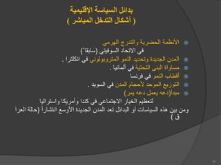 ‫اإلقليمية‬ ‫السياسة‬ ‫بدائل‬
(
‫المباشر‬ ‫التدخل‬ ‫أشكال‬
)

‫الهرمي‬ ‫والتدرع‬ ‫الحضرية‬ ‫األنظمة‬
‫السوفيتي‬ ‫ااتحاد‬ ‫في‬
(
‫قا‬ ‫سا‬
)

‫ولوني‬ ‫المترو‬ ‫النمو‬ ‫وتحديد‬ ‫الجديدة‬ ‫المدن‬
‫انكلترا‬ ‫في‬
.

‫التحتية‬ ‫نى‬ ‫ال‬ ‫مساواة‬
‫ألمانيا‬ ‫في‬
.

‫النمو‬ ‫أقطاب‬
‫فرنسا‬ ‫في‬

‫المدن‬ ‫ألحجا‬ ‫الموحد‬ ‫التوزيع‬
‫السويد‬ ‫في‬
.

‫دأ‬ ‫م‬
(
‫يمر‬ ‫دعه‬ ‫يعمل‬ ‫دعه‬
)
‫واستراليا‬ ‫وأمريكا‬ ‫كندا‬ ‫في‬ ‫ااجتماعي‬ ‫الخيار‬ ‫لتعظي‬
‫انتشارا‬ ‫األوسع‬ ‫الجديدة‬ ‫المدن‬ ‫تعد‬ ‫داعل‬ ‫ال‬ ‫أو‬ ‫السياسات‬ ‫ه‬ ‫ه‬ ‫ين‬ ‫ومن‬
(
‫العرا‬ ‫حالة‬
‫ق‬
)
16
 