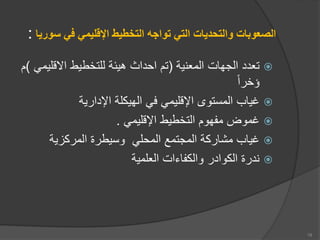 ‫سوريا‬ ‫في‬ ‫اإلقليمي‬ ‫التخطيط‬ ‫تواجه‬ ‫التي‬ ‫والتحديات‬ ‫الصعوبات‬
:

‫المعنية‬ ‫الجهات‬ ‫تعدد‬
)
‫ااقليمي‬ ‫للتخطيط‬ ‫هيعة‬ ‫احداث‬ ‫ت‬
)
‫ؤخرا‬

‫اإلدارية‬ ‫الهيكلة‬ ‫في‬ ‫اإلقليمي‬ ‫المستوى‬ ‫غياب‬

‫اإلقليمي‬ ‫التخطيط‬ ‫مفهو‬ ‫غموض‬
.

‫المركزية‬ ‫وسيطرة‬ ‫المحلي‬ ‫المجتمع‬ ‫مشاركة‬ ‫غياب‬

‫العلمية‬ ‫والكفاءات‬ ‫الكوادر‬ ‫ندرة‬
19
 