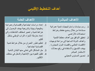 ‫اإلقليمي‬ ‫التخطيط‬ ‫أهداف‬
‫العامة‬ ‫األهداف‬ ‫المباشرة‬ ‫األهداف‬
.1
‫وعمراني‬ ‫واقتصادية‬ ‫اجتماعية‬ ‫دراسات‬ ‫إعداد‬
‫ة‬
‫الوص‬ ‫هدف‬ ‫وتشريعية‬ ‫يعية‬ ‫و‬ ‫يعية‬ ‫وط‬
‫إلى‬ ‫ول‬
‫النشاطات‬ ‫لمختلف‬ ‫تعمير‬ ‫و‬ ‫تنمية‬ ‫خراعط‬
‫والى‬
‫شكل‬ ‫الوطني‬ ‫التراب‬ ‫ألجزاء‬ ‫خارطة‬ ‫إعداد‬
‫أقالي‬
.2
‫تنم‬ ‫خراعط‬ ‫خالل‬ ‫من‬ ‫العمران‬ ‫تطور‬ ‫تنظي‬
‫ية‬
‫اجتماعية‬ ‫اقتصادية‬
.
.3
‫الن‬ ‫لدان‬ ‫ال‬ ‫منها‬ ‫تعاني‬ ‫التي‬ ‫المشاكل‬ ‫حل‬
‫امية‬
.4
‫ف‬ ‫والدخل‬ ‫اإلنتاجية‬ ‫ين‬ ‫الفجوة‬ ‫تقليل‬
‫مختلف‬ ‫ي‬
‫األقالي‬
.
.1
‫عمر‬ ‫تنمية‬ ‫واستراتيجيات‬ ‫سياسات‬ ‫رس‬
‫انية‬
‫وخراعط‬ ‫خطط‬ ‫وضع‬ ‫خالل‬ ‫من‬ ‫مستدامة‬
‫لألراضي‬ ‫استعماات‬
.2
‫التنمي‬ ‫خطط‬ ‫أهداف‬ ‫ين‬ ‫التوافق‬ ‫تحقيق‬
‫ة‬
‫توجهات‬ ‫مراعاة‬ ‫إلى‬ ‫الساعية‬ ‫الدولة‬ ‫وأهداف‬
‫المجاور‬ ‫الدول‬ ‫واقتصاد‬ ‫العالمي‬ ‫ااقتصاد‬
‫ة‬
.
‫مع‬ ‫رفع‬ ‫في‬ ‫وااستفادة‬ ‫التنسيق‬ ‫هدف‬
‫دات‬
‫اشر‬ ‫الم‬ ‫ااستثمار‬
.3
‫المعيشي‬ ‫المستوى‬ ‫تحسين‬
9
 