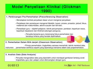 Model Penyeliaan Klinikal (Glickman
                     1990)
1. Perbincangan Pra-Pemerhatian (Preconferencing Observation)
            - Menetapkan kontrak penyeliaan dasar umum mengenai penyeliaan
            - Penjelasan dan persetujuan mengenai falsafah, tujuan, proses, prosedur, jadual, fokus,
              matlamat dan maklumbalas, aktiviti susulan dan lain-lain;
            - Persediaan guru – objektif pelajaran, teknik penyampaian, penilaian, keperluan resos,
              keperluan kepakaran dan khidmat sokongan pengurus;
                       - Penyelia bersama guru merancang fokus pemerhatian dan
                         bersetuju kriteria yang hendak diperhatikan.


2. Pemerhatian Dalam Bilik darjah (Classroom Observation)
                      - Prinsip pemerhatian, tingkahlaku semasa memerhati, teknik merekod data,
instrumen    pemerhatian berfokus seperti yang dipersetujui bersama dalam sesi prapemerhatian;


3. Analisis Data (Data Analysis)
            - Penyelia menganalisis data yang diperolehi untuk mendapat gambaran tentang corak
              tingkahlaku guru dan pelajar untuk dibincangkan dengan guru


  01/05/13                                                              Sila 36 fail – P&P Berkesan
                                                                             rujuk
 