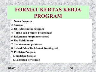 FORMAT KERTAS KERJA 
         PROGRAM
  1. Nama Program
  2. Sasaran
  3. Objektif Khusus Program
  4. Tarikh dan Tempoh Pelaksanaan
  5. Kekerapan Program (setahun)
  6. Kos Pelaksanaan
  7. Jawatankuasa pelaksana
  8. Jadual Pelan Tindakan & Kontingensi
  9. Penilaian Program
  10. Tindakan Susulan
  11. Lampiran Berkenaan


01/05/13                                   50
 