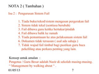 NOTA 2 ( Tambahan )
Isu 2 : Pengurusan Sistem Fail

       1. Tiada buku/rekod/sistem mengesan pergerakan fail
       2. Sistem tidak tekal (sentiasa berubah)
       3. Fail dibawa guru ketika bertukar/pindah
       4. Fail dibawa balik ke rumah
       5. Tiada pemantauan ke atas pelaksanaan sistem fail
       6. Dokumen tidak tersusun ( asal ada sahaja )
       7. Tidak wujud fail timbul bagi pastikan guru baca
          pekeliling atau perkara penting yang lain.

Konsep untuk amalan :
Pengetua / Guru Besar adalah Nazir di sekolah masing-masing.
“ Management by walking about “ .
01/05/13                                      7
 