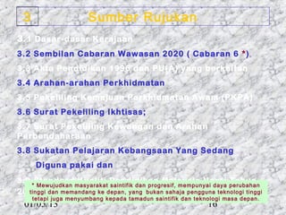 3                    Sumber Rujukan
3 .1 Dasar-dasar Kerajaan
3.2 Sembilan Cabaran Wawasan 2020 ( Cabaran 6 *)
3.3 Akta Pendidikan 1996 dan PU(A) yang berkaitan
3.4 Arahan-arahan Perkhidmatan
3.5 Pekeliling Kemajuan Perkhidmatan Awam (PKPA)
3.6 Surat Pekeliling Ikhtisas;
3.7 Surat Pekeliling Kewangan dan Arahan
Perbendaharaan
3.8 Sukatan Pelajaran Kebangsaan Yang Sedang
      Diguna pakai dan
3.9 Standard Kualiti Pendidikan Malaysia Versi Tahun
    * Mewujudkan masyarakat saintifik dan progresif, mempunyai daya perubahan
2004 dan memandang ke depan, yang bukan sahaja pengguna teknologi tinggi
   tinggi
     tetapi juga menyumbang kepada tamadun saintifik dan teknologi masa depan.
  01/05/13                                                   16
 