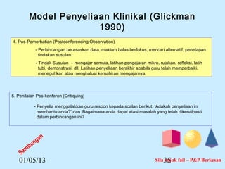 Model Penyeliaan Klinikal (Glickman
                       1990)
4. Pos-Pemerhatian (Postconferencing Observation)
              - Perbincangan berasaskan data, maklum balas berfokus, mencari alternatif, penetapan
                tindakan susulan.
              - Tindak Susulan – mengajar semula, latihan pengajaran mikro, rujukan, refleksi, latih
                tubi, demonstrasi, dll. Latihan penyeliaan berakhir apabila guru telah memperbaiki,
                meneguhkan atau menghalusi kemahiran mengajarnya.




5. Penilaian Pos-konferen (Critiquing)

             - Penyelia menggalakkan guru respon kepada soalan berikut: ‘Adakah penyeliaan ini
               membantu anda?’ dan ‘Bagaimana anda dapat atasi masalah yang telah dikenalpasti
               dalam perbincangan ini?




                 a   n
            u ng
       mb
    Sa
   01/05/13                                                                    35
                                                                           Sila rujuk fail – P&P Berkesan
 