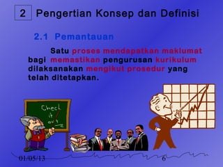 2    Pengertian Konsep dan Definisi

     2.1 Pemantauan
          Satu proses mendapatkan maklumat
    bagi memastikan pengurusan kurikulum
    dilaksanakan mengikut prosedur yang
    telah ditetapkan.




01/05/13                         6
 
