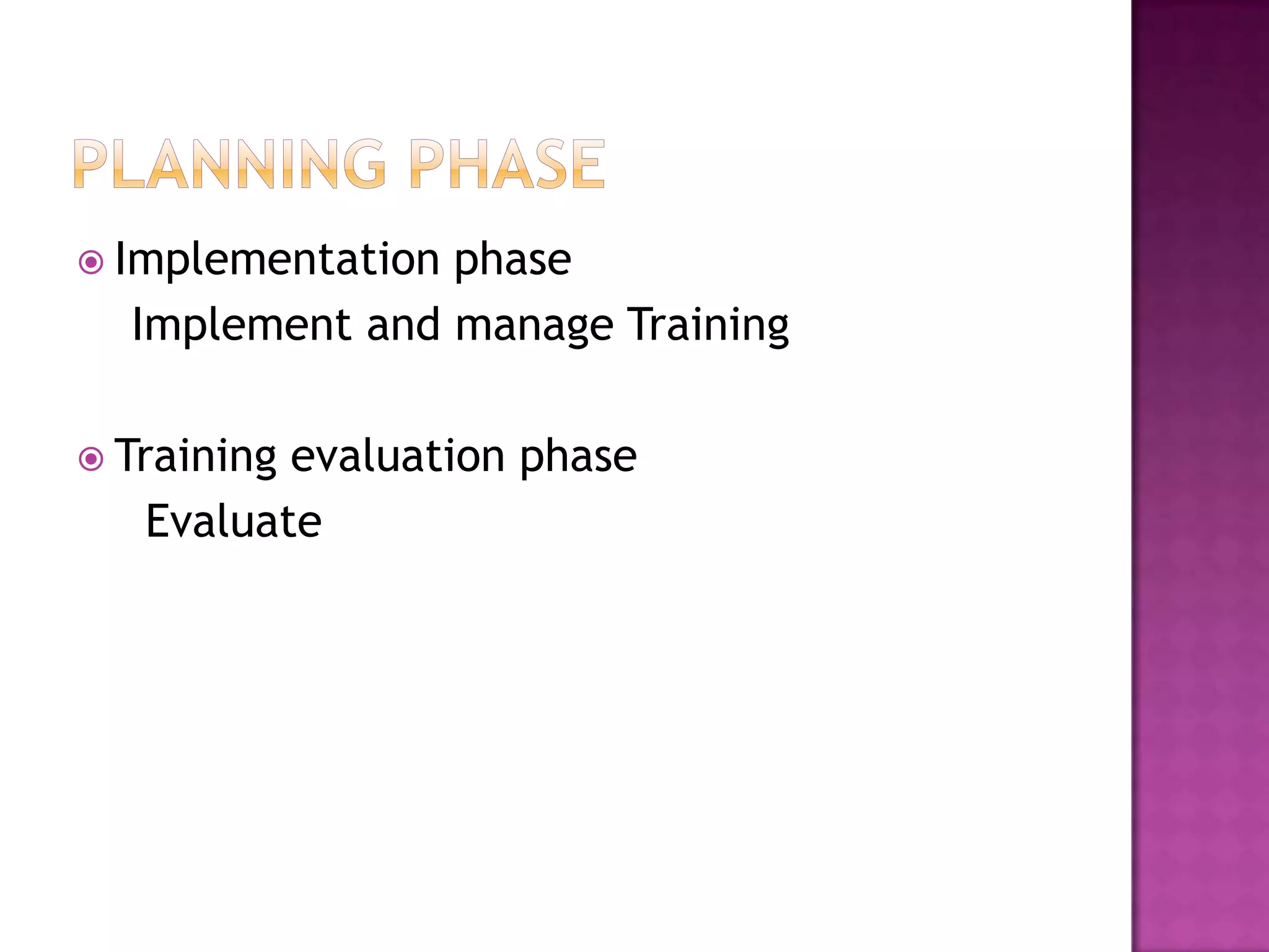  Implementationphase
Implement and manage Training
Trainingevaluation phase
Evaluate