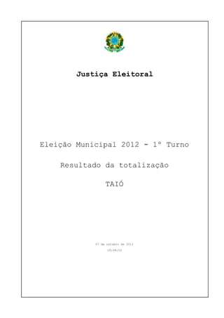 Justiça Eleitoral
Eleição Municipal 2012 - 1º Turno
Resultado da totalização
TAIÓ
07 de outubro de 2012
18:58:33
 