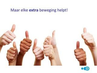 • Huishoudelijk werk 200 Kcal (bij 80 kg)
• Tuinieren 300 Kcal (bij 80 kg)
• Hardlopen 10 km/h 700 Kcal (bij 80 kg)
• Wandelen 3 km/h 160 Kcal (bij 80 kg)
• Wandelen 6 km/h 400 Kcal (bij 80 kg)
• Fietsen 20 km/h 640 Kcal (bij 80 Kg)
• Zwemmen rustig 320 Kcal (bij 80 Kg)
Als je intensief beweegt heb je ook een grote afterburn!
Calorie verbruik bij 1 uur inspannen
 