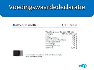 Handig om producten met elkaar te vergelijken
• Energie in Kilojoules en kilocalorieën (Kj:4,2)
• Vet (verzadigd vet en onverzadigd vet)
• Koolhydraten (suiker en zetmeel)
Voedingswaardedeclaratie
 