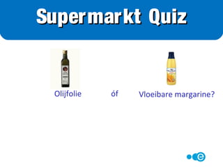 • Verzadigd vet is verkeerd vet, dus slecht voor hart- en
bloedvaten (verhoogt LDL-cholesterol)
• Zit vooral in vast, hard en dierlijk vet
• Onverzadigd vet is Oké, dus goed voor hart en bloedvaten
(verhoogt HDL-cholesterol)
• Zit vooral in olie, vloeibare vetten en vis
Verzadigd vs Onverzadigd
 