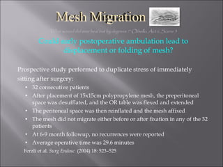 Could early postoperative ambulation lead to displacement or folding of mesh? Prospective study performed to duplicate stress of immediately  sitting after surgery: 32 consecutive patients  After placement of 15x15cm polypropylene mesh, the preperitoneal space was desufflated, and the OR table was flexed and extended The peritoneal space was then reinflated and the mesh affixed The mesh did not migrate either before or after fixation in any of the 32 patients At 6-9 month followup, no recurrences were reported Average operative time was 29.6 minutes Ferzli et al.  Surg Endosc   (2004) 18: 523–525 "What wound did ever heal but by degrees ?” Othello, Act ii, Scene 3 Mesh Migration 