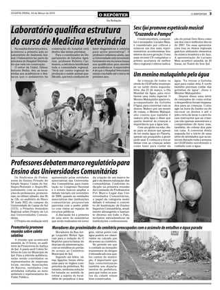 QUARTA-FEIRA, 24 de Março de 2010
                                                                             O REPÓRTER                                                                    O REPÓRTER      3
                                                                                    Da Redação



Laboratório qualifica estrutura                                                                            Sesc Ijuí promove espetáculo musical
                                                                                                           “Cruzando a Pampa”
do curso de Medicina Veterinária
    Na manhã desta terça-feira,    construção do hospital está          fazer diagnósticos e orientar
                                                                                                               O instrumentista, composi-
                                                                                                           tor e arranjador, Luciano Maia,
                                                                                                           é considerado por críticos e
                                                                                                           músicos um dos mais repre-
                                                                                                                                             ção do jornal Zero Hora como
                                                                                                                                             um dos cinco melhores discos
                                                                                                                                             de 2007. Em suas apresenta-
                                                                                                                                             ções traz os ritmos regionais
aconteceu a primeira aula no       dentro das metas previstas.          para ações preventivas”. O         sentativos acordeonistas bra-     gaúchos utilizando elementos
Laboratório de Anatomia Ani-            Para o coordenador do De-       professor enfatizou ainda, que     sileiros da nova geração. O seu   da música brasileira e do Jazz.
mal. O laboratório faz parte da    partamento de Estudos Agrá-          a Universidade está investindo     mais recente CD conquistou o      A apresentação de Luciano
estrutura do Hospital Veteriná-    rios, professor Roberto Car-         fortemente em recursos huma-       prêmio açorianos de melhor        Maia acontece amanhã, às 20
rio que está em construção.        bonera, a estrutura beneficiará      nos qualificados para atender      disco regional e obteve indica-   horas, no Teatro do Sesc Ijuí.
    O reitor da Unijuí, Gilmar     toda a comunidade regional.          aos acadêmicos. A expectativa
Antonio Bedin, deu as boas-        “Será um centro regional de          é de que o Hospital Veterinário
vindas aos acadêmicos e des-
tacou que o andamento da
                                   produção e saúde animal qua-
                                   lificado, que terá condições de
                                                                        esteja concluído até o início do
                                                                        próximo ano.                       Um menino maluquinho pela água
                                                                                                               As crianças de todos os       água. “Eu trouxe a Gotinha
                                                                                                           níveis do CEAPzinho reuniram-     aqui para cuidar dela. E vocês
                                                                                                           se na tarde desta segunda-        também precisam cuidar das
                                                                                                           feira, dia 22 de março, o Dia     gotinhas de água”, disse o
                                                                                                           Mundial da Água, para rece-       Menino Maluquinho.
                                                                                                           berem uma visita especial. O          Depois disso uma série
                                                                                                           Menino Maluquinho apareceu,       de exemplos de como evitar
                                                                                                           acompanhado da Gotinha            o desperdício foram repassa-
                                                                                                           D’água, para conversar com os     dos para as crianças. Como
                                                                                                           alunos. Maluco por um monte       agir na hora do banho ou de
                                                                                                           de coisas, o Menino Maluqui-      escovar os dentes e até o
                                                                                                           nho contou que também é           jeito certo de lavar o carro fo-
                                                                                                           maluco pela água e disse que      ram instruções que as crian-
                                                                                                           queria mostrar às crianças a      ças não apenas assumiram o
                                                                                                           importância que a água tem.       compromisso de fazer mas,
                                                                                                               Com um globo na mão, dis-     também, de cobrar dos pais
                                                                                                           se para os alunos que apesar      em casa. A conversa desta
                                                                                                           de ter muita água no Planeta,     segunda foi o início de uma
                                                                                                           apenas um pouquinho a gente       série de atividades que acon-
                                                                                                           pode usar. E começou a trocar     tecem durante toda a semana
                                                                                                           ideias com as crianças sobre      no CEAPzinho envolvendo o
                                                                                                           como fazer para cuidar da         cuidado com a água.




Professores debatem marco regulatório para
Ensino das Universidades Comunitárias
   Os Sindicatos de Profes-        apresentado pelas entidades          da criação de um marco le-
sores do Ensino Privado do         associativas das Universida-         gal e da democratização das
Estado Sinpro/ Caxias do Sul,      des Comunitárias para trami-         comunitárias. Conforme in-
Sinpro/Noroeste e Sinpro/RS,       tação no Congresso Nacional          dicado na primeira reunião
juntamente com as associa-         e o evento buscou ampliar o          da Comissão de Professores
ções de professores, promove-      debate iniciado em novembro          Pró Marco Legal das Uni-
ram, no último sábado, das 9h      de 2008, quando as entidades         versidades Comunitárias,
às 13h, no auditório do Bloco      associativas das instituições        o papel da categoria neste
58 (sala 302) do campus da         comunitárias propuseram              debate é retomar o concei-
Universidade de Caxias do Sul      parcerias com o poder públi-         to de Instituição de Ensino
(UCS), o Primeiro Seminário        co com vistas ao repasse de          Superior Comunitária, atual-
Regional sobre Projeto de Lei      recursos públicos.                   mente abrangente e bastan-
das Universidades Comuni-             A discussão foi a primeira        te diverso em todo o País,
tárias.                            de uma série de seminários           inclusive estendendo-se às
   O Projeto em avaliação será     que serão realizados em torno        instituições confessionais.

Promotoria promove                 Moradores das proximidades do cemitério preocupados com o acúmulo de entulhos e água parada
reunião sobre coleta                   Moradores da Rua Jor-         gem, vários potes com
seletiva                           ge Leopoldo Weber liga-
                                   ram para a redação do O
                                                                     água podem ser obser-
                                                                     vados na calçada que
    A reunião que acontecerá
                                   Repórter para reclamar do         dá acesso ao cemitério.
amanhã, às 14 horas, no audi-
                                   descaso da administração,             No período em que
tório da Promotoria de Justiça
                                   com os entulhos no portão         o combate ao mosquito
de Ijuí. A pauta será Coleta Se-
                                   de acesso ao Cemitério            transmissor da dengue
letiva do Lixo no Município de
                                   Municipal de Ijuí.                é intensificado nos qua-
Ijuí. Para a referida audiência,
                                       Segundo um leitor, vá-        tro cantos do municí-
estão sendo convidados os
                                   rias ligações foram efetu-        pio, é importante que
representantes de empresas
                                   adas para os órgãos com-          haja conscientização
locais, escolas, Associações
                                   petentes da prefeitura. No        também nos departa-
de Bairros, entidades com
                                   entanto, nenhuma solução          mentos da prefeitura,
atividades voltadas ao meio
                                   foi tomada no sentido de          para que todos os pon-
ambiente e representantes do
                                   retirar a sujeira do local.       tos da cidade sejam
Poder Público.
                                   Além de prejudicar a ima-         bem conservados.
 
