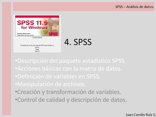 Control de calidad y descripción de datos.Control de calidad y descripción de datos.Control de calidad de los datos registrados.¿Cómo se describe una variable?Descripción de variables categóricas o cuantitativas discretas: la distribución de frecuencias.Cómo describir una variable categórica en función de otra variable categórica: la tabla de contingencia.Cómo describir una variable cuantitativa: estadísticos de tendencia central y dispersión.Cómo describir una variable cuantitativa según una variable categórica.Consideraciones sobre análisis.Presentación de resultados en forma de tabla.Otras formas de resumen mediante tablas.Representación Gráfica