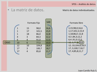 La matriz de datos.Ficheros disponibles para realizar el estudio.CASA.DBF: Fichero en formato dBase IV. Contiene la información relativa a las características del hogar. JEFE.XLS: Fichero en formato libro de hojas de cálculo Microsftexcel 97. Contiene dos hojas de cálculo distintas: CAR_JEFE y ENF_JEFE. Sólo será usada la primera hojaEstos archivos pertenecen a una investigación realizada desde el campo de la medicina. No obstante en este momento los usaremos para practicar y aprender a abrir, gravar, cerrar, archivos a través de SPSS sin importar en que tipo de base de datos ha sido generado y trabajado.