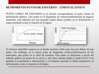 RENDIMIENTO PUNTO DE ESFUERZO / LÍMITE ELÁSTICO
PUNTO LIMITE DE ESFUERZO es la tensión correspondiente al punto inicial de
deformación plástica. Este punto en el diagramas de esfuerzo/deformación de algunos
materiales está indicado por una pequeña región plana (cambio en la deformación w
carga constante) como se muestra en la figura.
El esfuerzo admisible (seguro) en el diseño mecánico debe estar muy por debajo de este
punto. Sin embargo, en la mayor parte de diagramas esfuerzo/deformacion de los
materiales, este punto no es fácil de localizar. Este punto se determina a través del
método grafico (el punto de la curva y una línea trazada desde el punto 0,2%, 0 en
paralelo a la pendiente e intersección), y el esfuerzo asociado se llama resistencia a la
deformación, como se muestra en la figura.
 