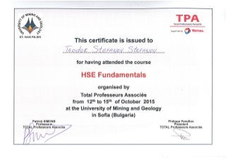 сертификат за безопасни условия на труд в петролната индустрия Total