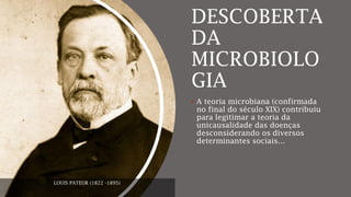 DESCOBERTA
DA
MICROBIOLO
GIA
 A teoria microbiana (confirmada
no final do século XIX) contribuiu
para legitimar a teoria da
unicausalidade das doenças
desconsiderando os diversos
determinantes sociais…
LOUIS PATEUR (1822 -1895)
 