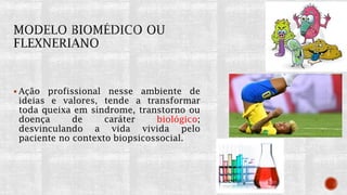  Ação profissional nesse ambiente de
ideias e valores, tende a transformar
toda queixa em síndrome, transtorno ou
doença de caráter biológico;
desvinculando a vida vivida pelo
paciente no contexto biopsicossocial.
 