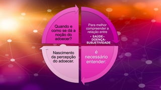 Para melhor
compreender a
relação entre
• SAÚDE–
DOENÇA-
SUBJETIVIDADE
é
necessário
entender:
Nascimento
da percepção
do adoecer.
Quando e
como se dá a
noção do
adoecer?
 