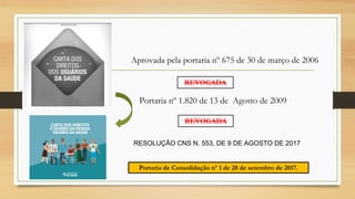 Aprovada pela portaria nº 675 de 30 de março de 2006
REVOGADA
Portaria nº 1.820 de 13 de Agosto de 2009
Portaria de Consolidação nº 1 de 28 de setembro de 2017.
REVOGADA
RESOLUÇÃO CNS N. 553, DE 9 DE AGOSTO DE 2017
 