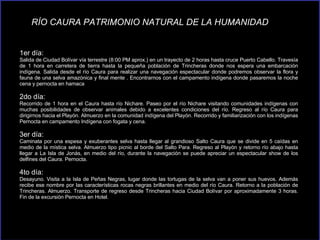 1er día:   Salida de Ciudad Bolívar vía terrestre (8:00 PM aprox.) en un trayecto de 2 horas   hasta cruce Puerto Cabello. Travesía de 1 hora en carretera de tierra hasta la pequeña población de Trincheras donde nos espera una embarcación indígena. Salida desde el río Caura para realizar una navegación espectacular donde podremos observar la flora y fauna de una selva amazónica y final mente . Encontrarnos con el campamento indígena donde pasaremos la noche cena y pernocta en hamaca  2do día:   Recorrido de 1 hora en el Caura hasta río Nichare. Paseo por el río Nichare visitando comunidades indígenas con muchas posibilidades de observar animales debido a excelentes condiciones del río. Regreso al río Caura para dirigirnos hacia el Playón. Almuerzo en la comunidad indígena del Playón. Recorrido y familiarización con los indígenas Pernocta en campamento Indígena con fogata y cena. 3er día:   Caminata por una espesa y exuberantes selva hasta llegar al grandioso Salto Caura que se divide en 5 caídas en medio de la mística selva. Almuerzo tipo picnic al borde del Salto Para. Regreso al Playón y retorno río abajo hasta llegar a La Isla de Jonás, en medio del río, durante la navegación se puede apreciar un espectacular show de los delfines del Caura. Pernocta. 4to día:   Desayuno. Visita a la Isla de Peñas Negras, lugar donde las tortugas de la selva van a poner sus huevos. Además recibe ese nombre por las características rocas negras brillantes en medio del río Caura. Retorno a la población de Trincheras. Almuerzo. Transporte de regreso desde Trincheras hacia Ciudad Bolívar por aproximadamente 3 horas. Fin de la excursión Pernocta en Hotel. RÍO CAURA PATRIMONIO NATURAL DE LA HUMANIDAD  