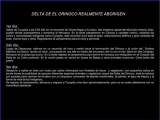 1er día:  Salida de Tucupita a las 9:00 AM, en un recorrido de 3horas llegan a Curiapo, Isla Indígena capital del Municipio Antonio Díaz, pueblo donde acamparemos y tomamos el Almuerzo. En la tarde pasearemos en Canoas a canalete (remo), visitando los caños y comunidades Indígenas como Curiapito, este recorrido dura toda la tarde, observaremos delfines y gran variedad de aves, monos rojos y otros. Regresamos al campamento para la cena y pernocta.  2do día:  Luego de Desayunar, salimos en un recorrido de hora y media hacia la terminación del Orinoco y la unión del  Océano Atlántico (La Barra)  donde se hace  una parada en una Isla en medio del encuentro del río con el mar. Baño en Isla Cangrejo. Almuerzo en la playa tipo picnic. En la tarde regreso al campamento para dormir en hamaca con mosquitero en el Corazón del Delta en un Caño profundo. En la noche paseo en canoa en busca de Babas y otros animales nocturnos. Cena antes del paseo. 3er día:  Desayuno y salida en bote con motor por caños intrincados con finalidad de fauna  y vegetación, son pequeños caños en donde tienes la posibilidad de apreciar diferentes especies animales y vegetación propia del Delta del Orinoco, toda la mañana con paradas para caminar en la selva con un baqueano conocedor de plantas medicinales, el palmito, el agua de bejuco y la forma de vida de los Indígenas... De regreso al campamento, almuerzo y regreso a Tucupita a las 5pm aproximadamente, pero no sin antes deleitarnos con un maravilloso atardecer.  DELTA DE EL ORINOCO REALMENTE ABORIGEN 