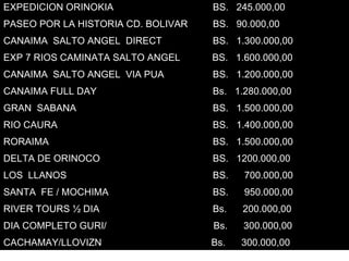 EXPEDICION ORINOKIA  BS.  245.000,00 PASEO POR LA HISTORIA CD. BOLIVAR BS.  90.000,00 CANAIMA  SALTO ANGEL  DIRECT   BS.  1.300.000,00  EXP 7 RIOS CAMINATA SALTO ANGEL  BS.  1.600.000,00  CANAIMA  SALTO ANGEL  VIA PUA   BS.  1.200.000,00 C ANAIMA FULL DAY   Bs .  1.280.000,00 GRAN  SABANA    BS.  1.500.000,00 RIO  C AURA    BS.  1.400.000,00 RORAIMA   BS.  1.500.000,00 DELTA DE ORINOCO   BS.  1200.000,00 LOS  LLANO S   BS.  700.000,00  SANTA  FE / MOCHIMA   BS.  950.000,00 R IVER TOURS ½ DIA   Bs.  200.000,00 DIA COMPLETO GURI/  Bs.  300.000,00 CACHAMAY/LLOVIZN  Bs.  300.000,00 