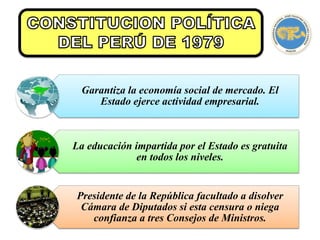 Garantiza la economía social de mercado. El
Estado ejerce actividad empresarial.
La educación impartida por el Estado es gratuita
en todos los niveles.
Presidente de la República facultado a disolver
Cámara de Diputados si esta censura o niega
confianza a tres Consejos de Ministros.
 
