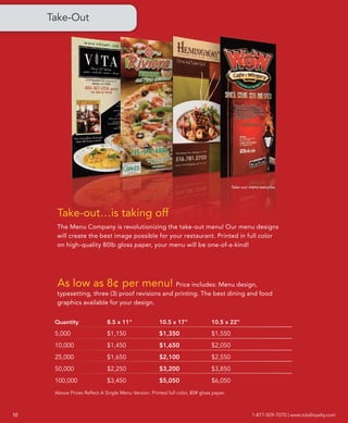 Take-Out




                                                                                         Take-out menu samples




       Take-out…is taking off
       The Menu Company is revolutionizing the take-out menu! Our menu designs
       will create the best image possible for your restaurant. Printed in full color
       on high-quality 80lb gloss paper, your menu will be one-of-a-kind!




       As low as 8¢ per menu!                     Price includes: Menu design,
       typesetting, three (3) proof revisions and printing. The best dining and food
       graphics available for your design.


      Quantity                8.5 x 11"                10.5 x 17"              10.5 x 22"
      5,000                   $1,150                   $1,350                  $1,550
      10,000                  $1,450                   $1,650                  $2,050
      25,000                  $1,650                   $2,100                  $2,550
      50,000                  $2,250                   $3,200                  $3,850
      100,000                 $3,450                   $5,050                  $6,050
      Above Prices Reflect A Single Menu Version. Printed full color, 80# gloss paper.



10                                                                                                 1-877-509-7070 | www.totalloyalty.com
 
