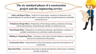 Study and Report Phase - Analysis of client needs, evaluation of alternatives and
recommendations of a preferred option, conceptual design, conceptual opinions of probable
construction cost.
The six standard phases of a construction
project and the engineering service:
Preliminary Design Phase - Preparation of final design criteria, preliminary drawings,
outline specifications, and preliminary estimate of construction cost.
Final Design Phase - Preparation of construction drawings, specifications, estimates of
probable construction cost, and other contract documents.
Bidding or Negotiating Phase - Assistance to the client with the bidding or negotiating
process for construction of the project.
Construction Phase - Representation of the client during construction and inspection of
construction.
Operation Phase - Assistance to the client in startup and operation of the project, including
periodic inspections.
 