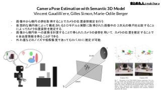 Camera Pose Estimation with Semantic 3D Model
Vincent Gaudilli`ere, Gilles Simon, Marie-Odile Berger
- 画像中から楕円の群を取得することでカメラの位置姿勢推定を行う．
- 仮想的な楕円体によって構成される３ Dモデルと実際に取得された画像中の 2次元の楕円を比較すること
によってカメラ位置姿勢を推定する．
- 画像から楕円体への変換を計算することで得られたカメラの姿勢を用いて，カメラの位置を推定することで
６自由度情報を得ることができる．
- 外れ値などのノイズや低解像度であってもロバストに推定が可能．
まとめた人：makihara
 