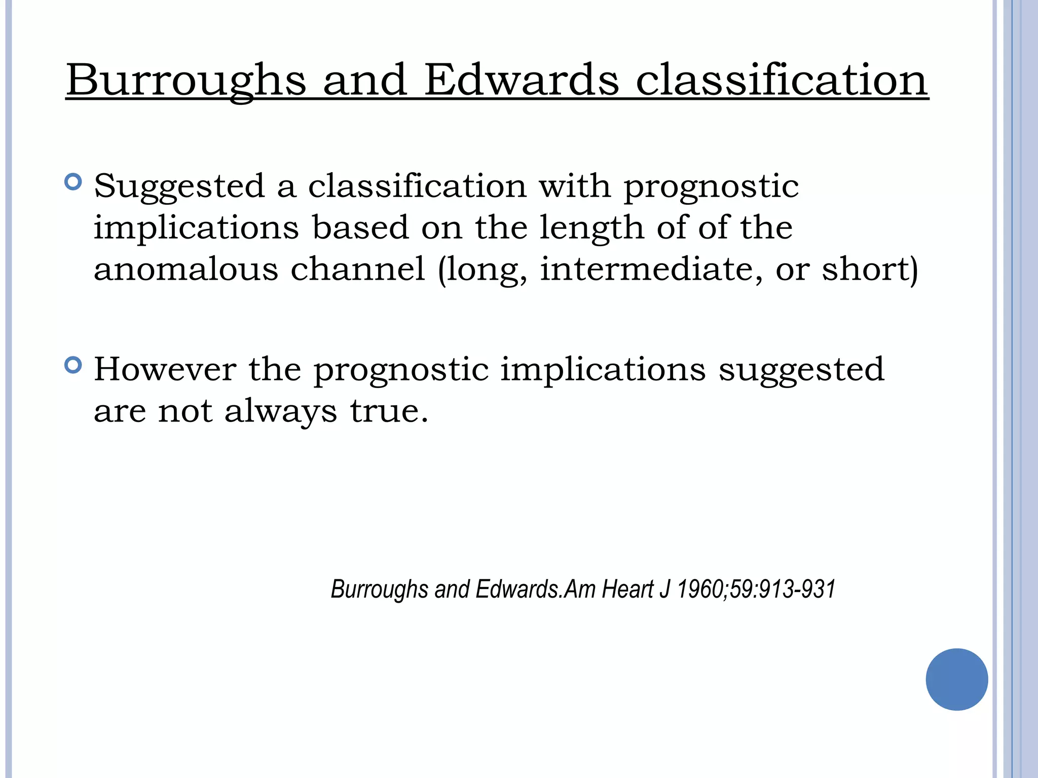 Burroughs and Edwards classification
 Suggested a classification with prognostic
implications based on the length of of the
anomalous channel (long, intermediate, or short)
 However the prognostic implications suggested
are not always true.
Burroughs and Edwards.Am Heart J 1960;59:913-931
 