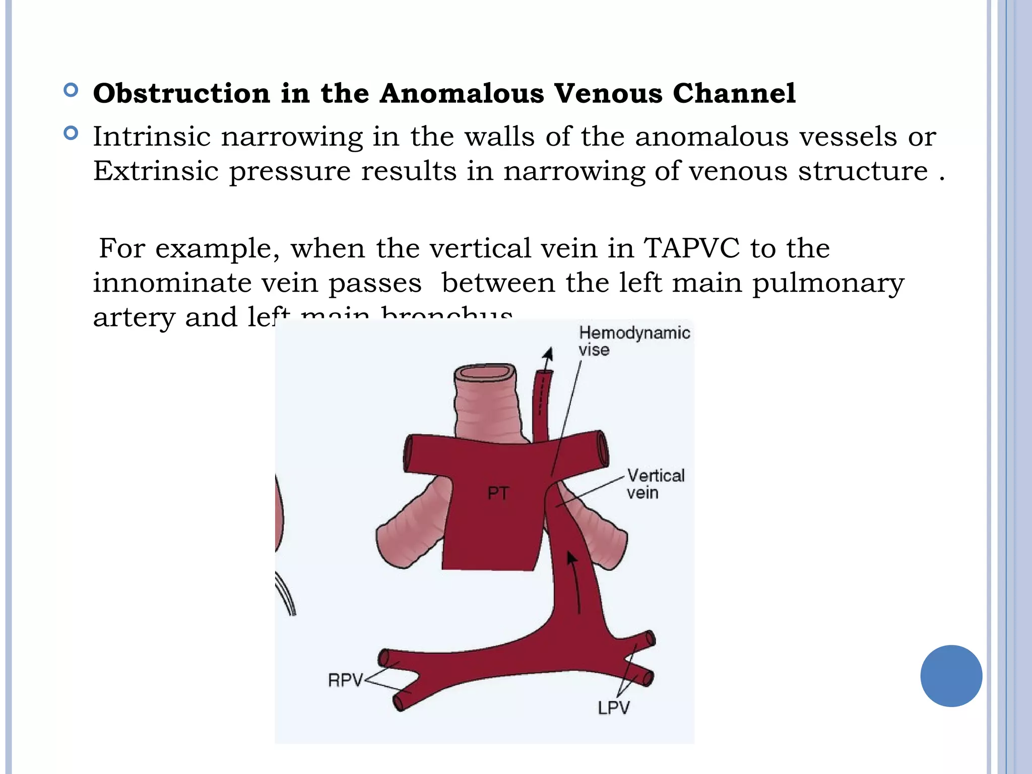  Obstruction in the Anomalous Venous Channel
 Intrinsic narrowing in the walls of the anomalous vessels or
Extrinsic pressure results in narrowing of venous structure .
For example, when the vertical vein in TAPVC to the
innominate vein passes between the left main pulmonary
artery and left main bronchus.
 
