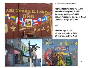 educational attainment

High School Diploma = 31.29%
Associates Degree = 3.35%
Attended College = 3.14%
College/Graduate Degree = 2.15%
Graduate Degree = 0.99%

age

Median Age = 27.0
18 years or older = 64%
65 years or older = 7.5%




                           4
 