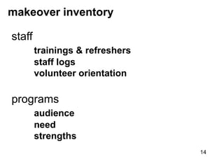 makeover inventory

staff
        trainings & refreshers
        staff logs
        volunteer orientation

programs
      ...