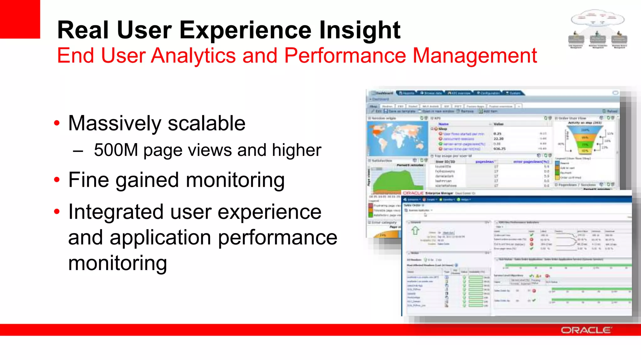 Real User Experience Insight
• Massively scalable
– 500M page views and higher
• Fine gained monitoring
• Integrated user experience
and application performance
monitoring
End User Analytics and Performance Management
 