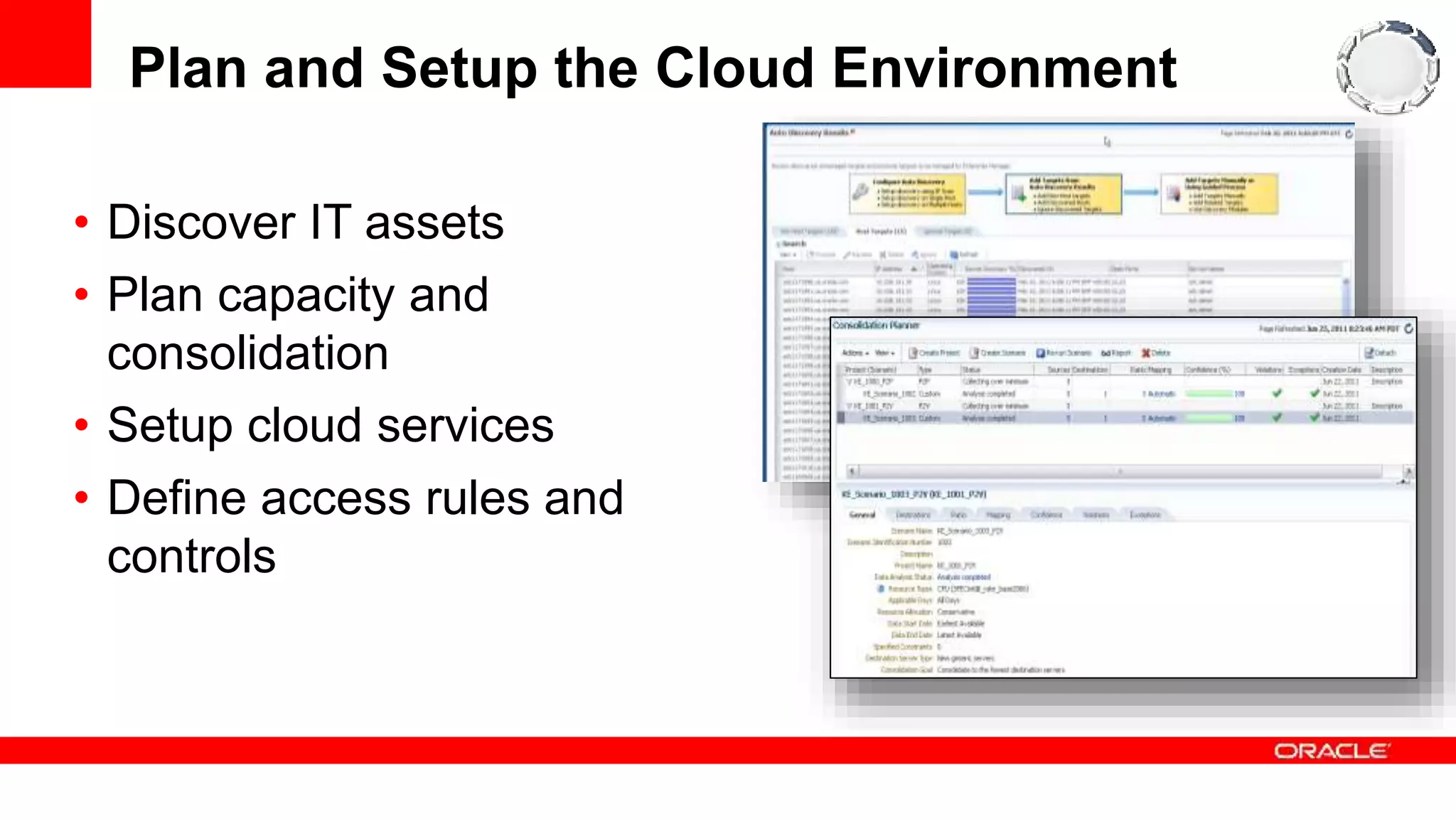 Plan and Setup the Cloud Environment
• Discover IT assets
• Plan capacity and
consolidation
• Setup cloud services
• Define access rules and
controls
 