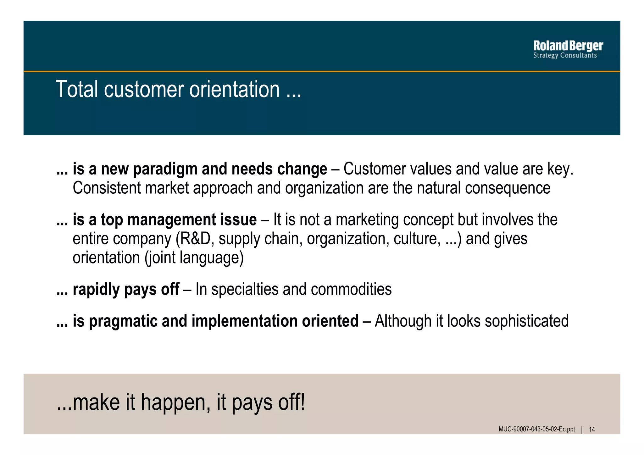 Total customer orientation ...
... is a new paradigm and needs change – Customer values and value are key.
Consistent market approach and organization are the natural consequence
... is a top management issue – It is not a marketing concept but involves the
entire company (R&D, supply chain, organization, culture, ...) and gives
orientation (joint language)
... rapidly pays off – In specialties and commodities
... is pragmatic and implementation oriented – Although it looks sophisticated

...make it happen, it pays off!
MUC-90007-043-05-02-Ec.ppt

14

 