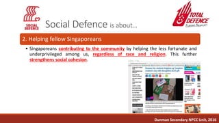 Social Defence is about…
2. Helping fellow Singaporeans
• Singaporeans contributing to the community by helping the less fortunate and
underprivileged among us, regardless of race and religion. This further
strengthens social cohesion.
Dunman Secondary NPCC Unit, 2016
 