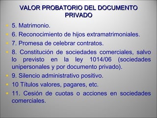 VALOR PROBATORIO DEL DOCUMENTOVALOR PROBATORIO DEL DOCUMENTO
PRIVADOPRIVADO
• 5. Matrimonio.
• 6. Reconocimiento de hijos extramatrimoniales.
• 7. Promesa de celebrar contratos.
• 8. Constitución de sociedades comerciales, salvo
lo previsto en la ley 1014/06 (sociedades
unipersonales y por documento privado).
• 9. Silencio administrativo positivo.
• 10 Títulos valores, pagares, etc.
• 11. Cesión de cuotas o acciones en sociedades
comerciales.
 