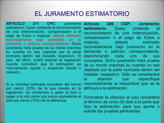 EL JURAMENTO ESTIMATORIO
ARTICULO 211 CPC: Juramento
estimatorio. Quien pretenda el reconocimiento
de una indemnización, compensación o el
pago de frutos o mejoras, deberá estimarlo
razonadamente bajo juramento en la
demanda o petición correspondiente. Dicho
juramento hará prueba de su monto mientras
su cuantía no sea objetada por la parte
contraria dentro del traslado respectivo. El
juez, de oficio, podrá ordenar la regulación
cuando considere que la estimación es
notoriamente injusta o sospeche fraude o
colusión.
Si la cantidad estimada excediere del treinta
por ciento (30%) de la que resulte en la
regulación, se condenará a quien la hizo a
pagar a la otra parte una suma equivalente al
diez por ciento (10%) de la diferencia.
Artículo 206 CGP. Juramento
estimatorio. Quien pretenda el
reconocimiento de una indemnización,
compensación o el pago de frutos o
mejoras, deberá estimarlo
razonadamente bajo juramento en la
demanda o petición correspondiente,
discriminando cada uno de sus
conceptos. Dicho juramento hará prueba
de su monto mientras su cuantía no sea
objetada por la parte contraria dentro del
traslado respectivo. Sólo se considerará
la objeción que especifique
razonadamente la inexactitud que se le
atribuya a la estimación.
Formulada la objeción el juez concederá
el término de cinco (5) días a la parte que
hizo la estimación, para que aporte o
solicite las pruebas pertinentes.
 