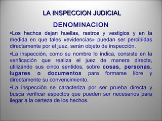 LA INSPECCION JUDICIALLA INSPECCION JUDICIAL
DENOMINACION
•Los hechos dejan huellas, rastros y vestigios y en la
medida en que tales «evidencias» puedan ser percibidas
directamente por el juez, serán objeto de inspección.
•La inspección, como su nombre lo indica, consiste en la
verificación que realiza el juez de manera directa,
utilizando sus cinco sentidos, sobre cosas, personas,
lugares o documentos para formarse libre y
directamente su convencimiento.
•La inspección se caracteriza por ser prueba directa y
busca verificar aspectos que pueden ser necesarios para
llegar a la certeza de los hechos.
 