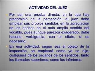 ACTIVIDAD DEL JUEZACTIVIDAD DEL JUEZ
• Por ser una prueba directa, en la que hay
predominio de la percepción, el juez debe
emplear sus propios sentidos en la apreciación
de los hechos en el más amplio sentido del
vocablo, pues aunque parezca exagerado, debe
hacerlo, verbigracia, con el olfato, si es
necesario.
• En esa actividad, según sea el objeto de la
inspección, se empleará como ya se dijo,
cualquiera de los órganos de los sentidos, tanto
los llamados superiores, como los inferiores.
 