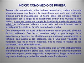 INDICIO COMO MEDIO DE PRUEBAINDICIO COMO MEDIO DE PRUEBA
• Teniendo la circunstancia, el hecho base demostrado, podemos hacer la
inferencia lógica para llegar a la circunstancia que es la que realmente
interesa para la investigación. El hecho base, por enfoque mental y
desplazado con la regla de la experiencia común nos muestra el otro
hecho, y aquí es donde se cumple la función de medio de prueba del
indicio. Al señalarnos, indicarnos otro hecho (el que interesa para la
investigación) cumple su función de medio de prueba.
• Con el ejemplo de las actas de levantamiento hemos probado el estado
de los cadáveres. Ese hecho pareciera exigir su propia regla de la
experiencia, y decimos, por el estado en que quedaron los cadáveres, el
vehículo que arrolló a las personas, iba a una gran velocidad (la
velocidad, que es el hecho mostrado, nos la indica el estado de los
cadáveres) las huellas del frenado.
• El precio vil o bajo nos indica, nos muestra, que la venta probablemente
fue simulada; probado el precio bajo, nadie vende por un precio tan bajo,
nadie vende para perder (reglas de la experiencia) luego racionalmente
hay que entender que probablemente la venta fue simulada.
 