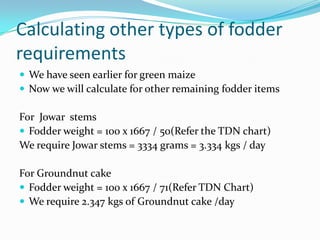 Calculating other types of fodder
requirements
 We have seen earlier for green maize
 Now we will calculate for other re...